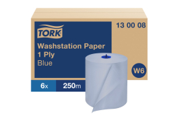 TORK 130008 – Papírová utěrka universal do vodotěsného zásobníku W6, 1vr., 250 m, modrá, 6 rl. - Karton