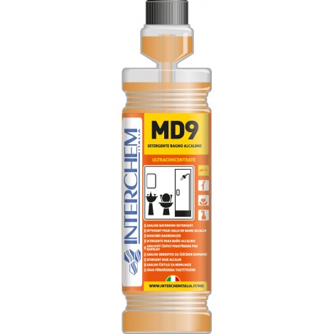 MD9 – dávkovací láhev 1l, Ultra koncentrovaný alkalický koupelnový čistič
