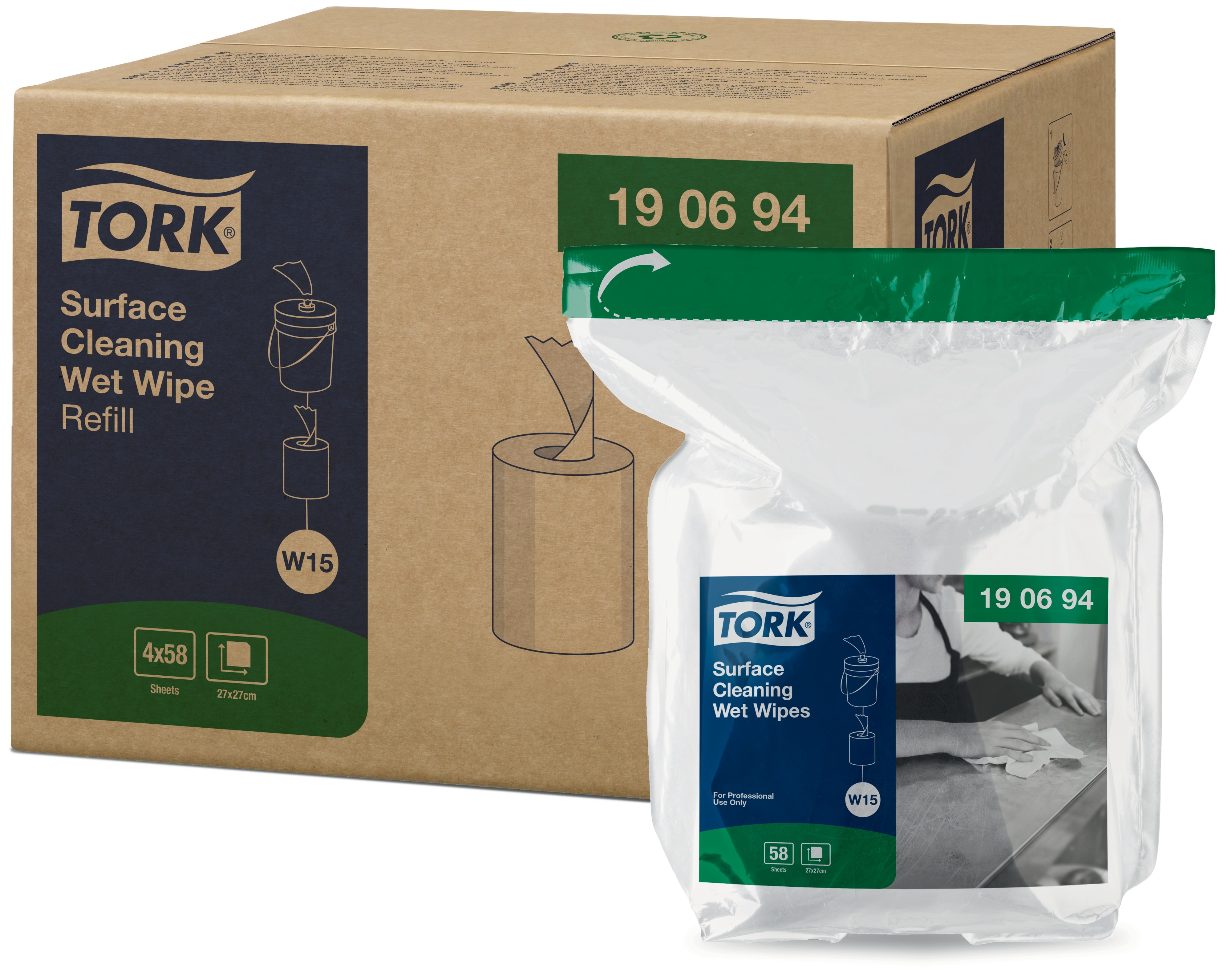 TORK 190694 – Vlhčené utěrky na povrchy v roli W15 – náplň 4 x 15,66 m, netkané, 27 x 27 cm